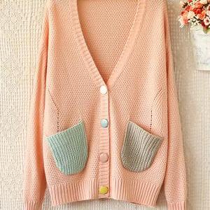 Candy -colored V-neck Long-sleeved Sweater..