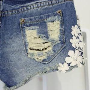 Pearl Lace Flower Broken Copper Jean Shorts