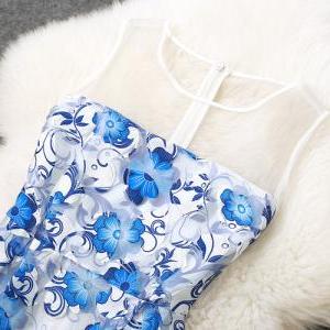 Blue Printing Stitching Embroidery Slim Dress Mdk