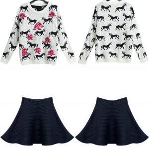 Pony Embroidery Jacquard Knit Tops + Skirt
