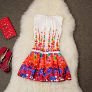 Printed Slim Pleated Skirt Sleeveless Dress Muf
