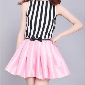 Striped Shirt + Bow Pink Skirt (two-piece) Ht625bb