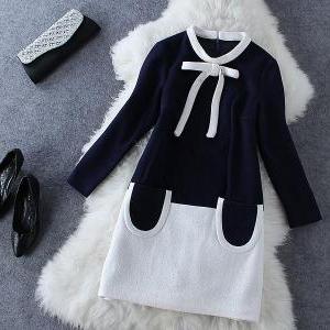 Bow Round Neck Long-sleeved Dress Gv823eh