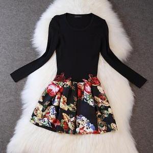 Slim Round Neck Printed Skirt Fashion Dress..