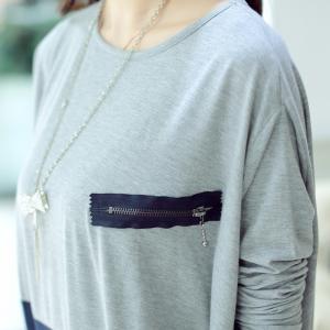 Zipper Stitching Round Neck Long-sleeved T Shirt..
