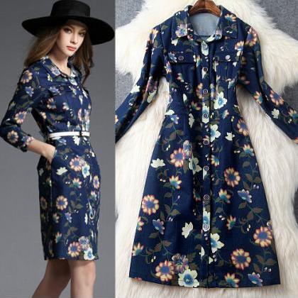 Fashion Printed Denim Lapel Dress 5014838