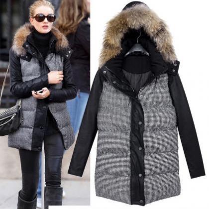 Fashion Houndstooth Hooded Coat 3581446