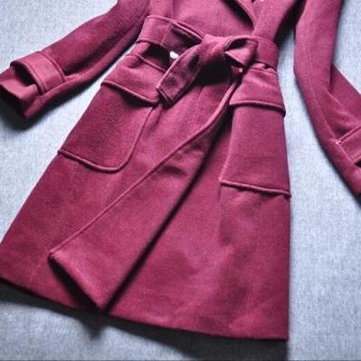 Long-sleeved Lapel Dark Red Coat 8100694