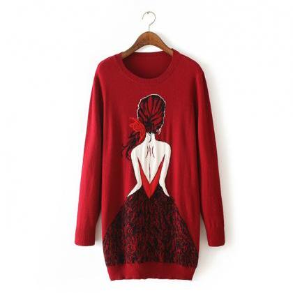 Fashion Round Neck Printing Long Knitted Sweater..