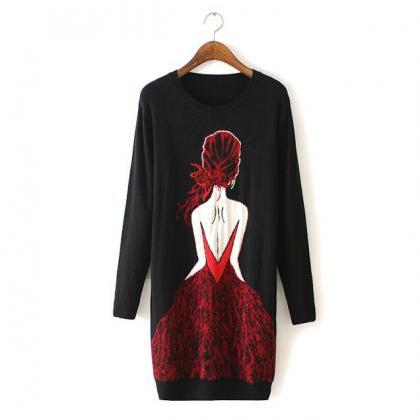 Fashion Round Neck Printing Long Knitted Sweater..
