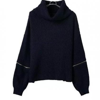 Fashion Zipper High Collar Knit Sweater 7215602