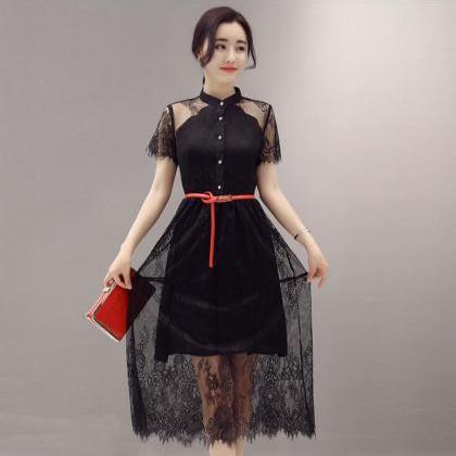 Sexy Hollow Out Crochet Lace Short-sleeved Dress..