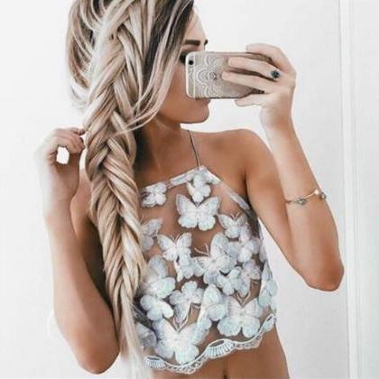 Butterfly Embroidered Mesh Halter Neck Crop Top