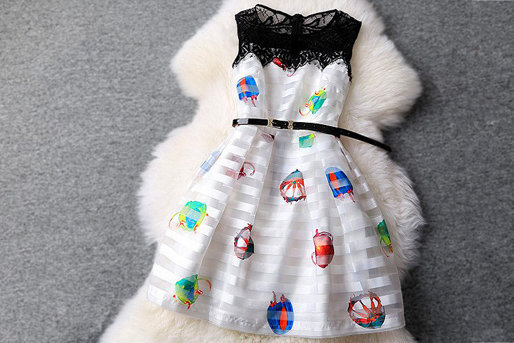 Lace Stitching White Stripes Sleeveless Dress Ay7