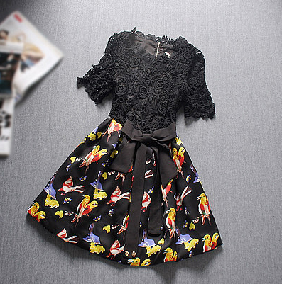 Pure Color Hollow Lace Stitching Dress main image 0