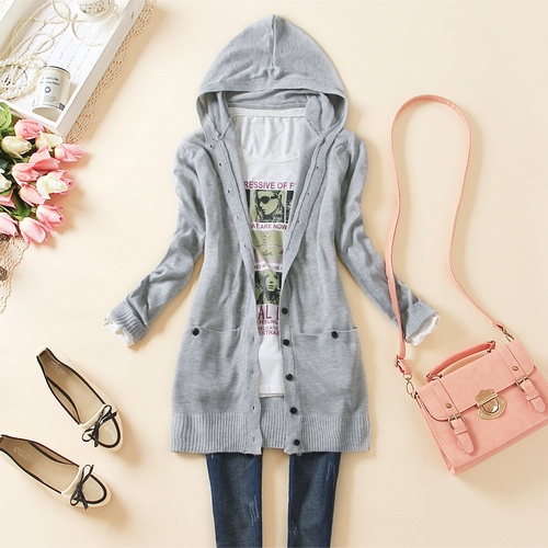 Hooded Long-sleeved Knit Cardigan Aa827h