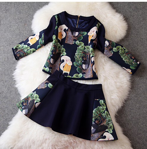 Cute Cartoon Squirrels Printing Jacket + Skirt (two Sets)