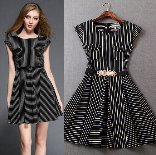 Fashion Round Neck Striped Dress 3498048