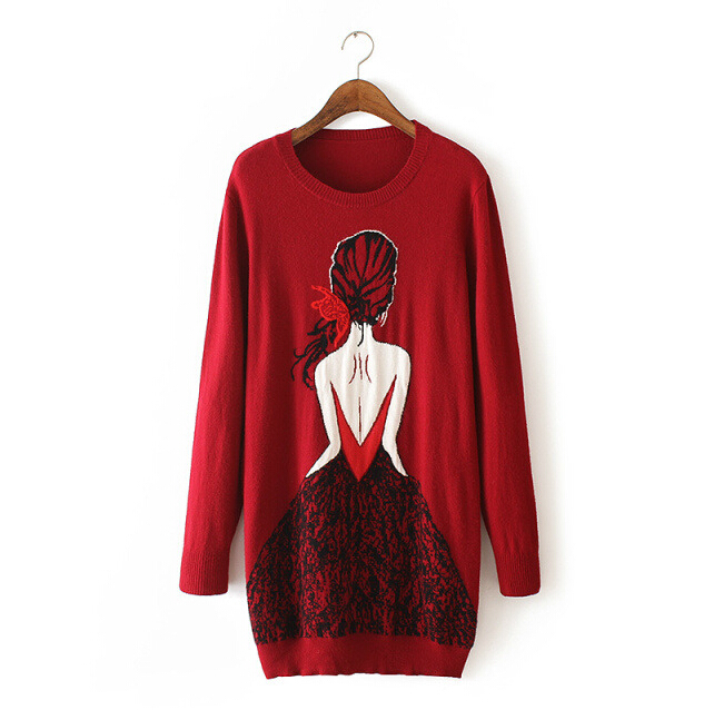 Fashion Round Neck Printing Long Knitted Sweater 1928716