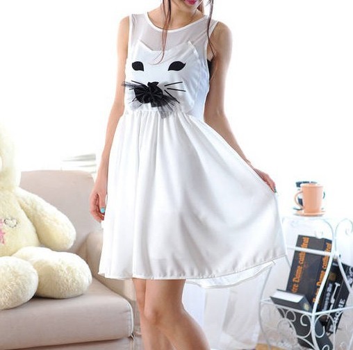 Gauze Dress Stitching Cute Cat Jcic on Luulla